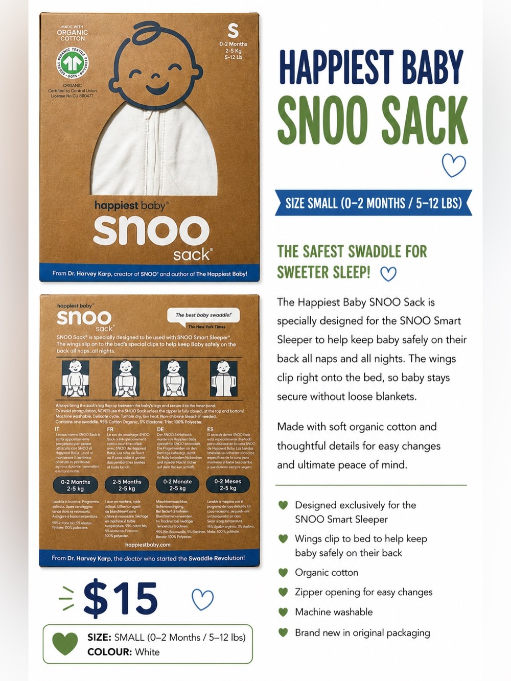 happiest baby Snoo Sack - White Organic Cotton (S)
